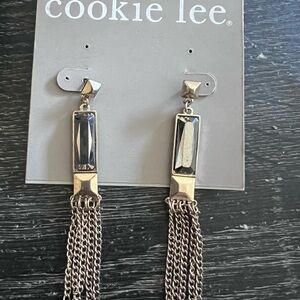 Cookie Lee Silver-Tone Chain Tassel Earrings with Black Stones